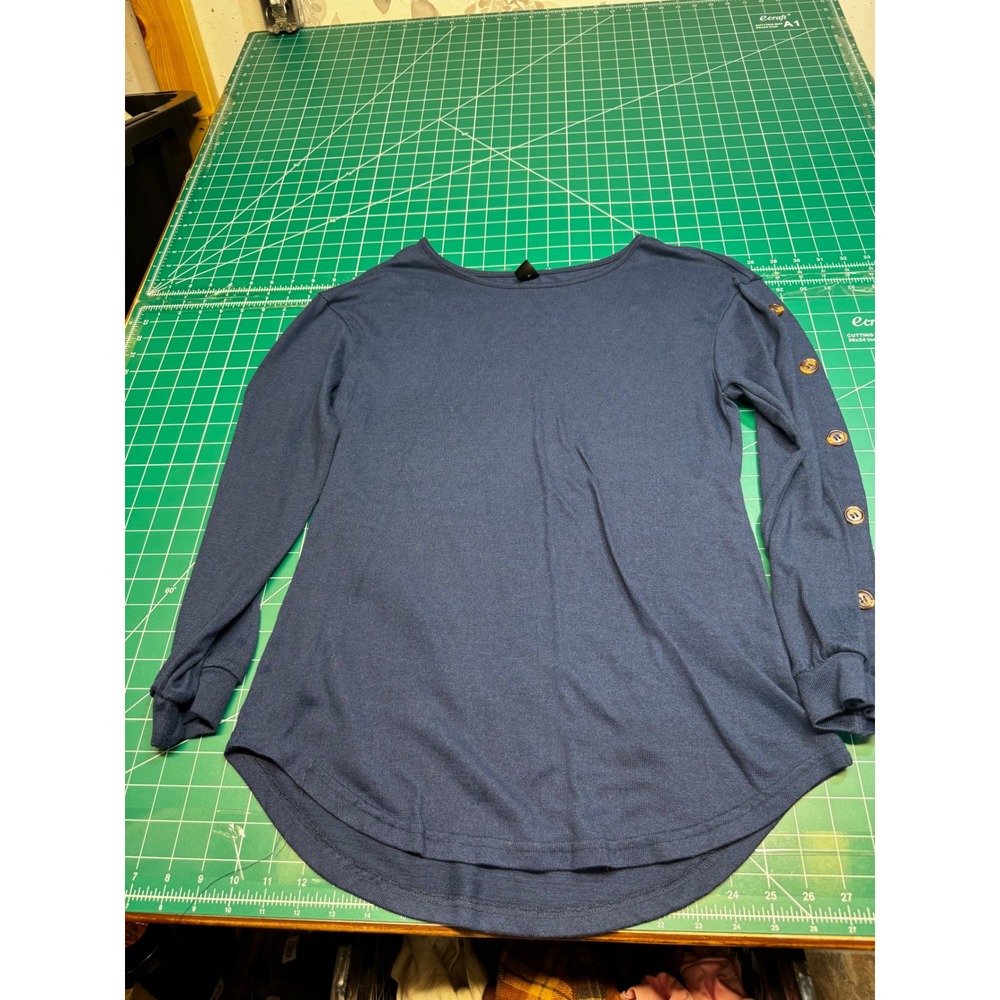 SHEIN Womens Navy Blue Button Sleeve Crew Neck Curved Hem Knit Top Small